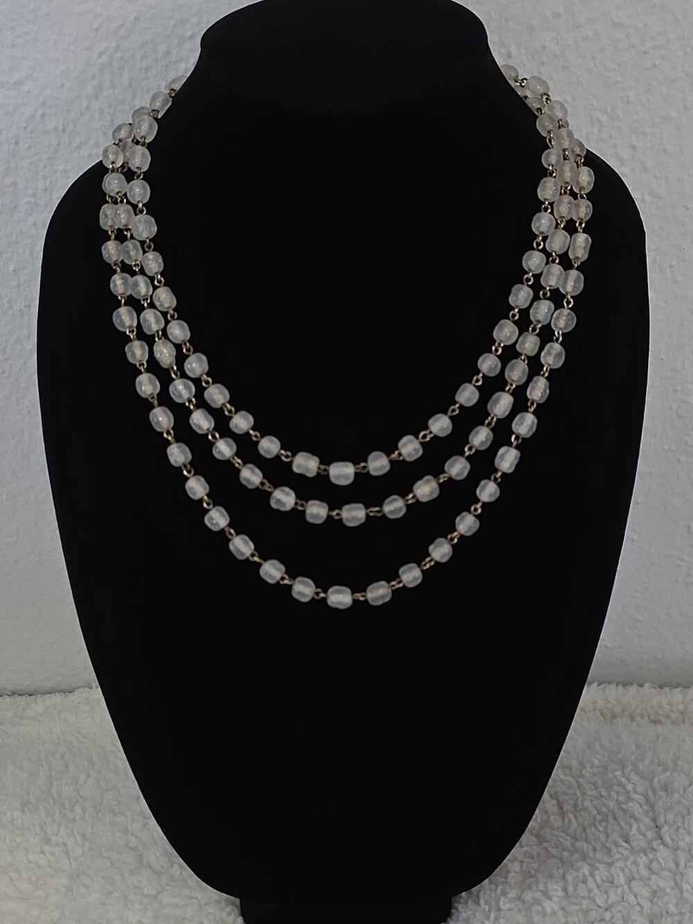 Vintage Long Flapper Opera Length Frosted Glass Bead Chain Necklace Gold Tone 62